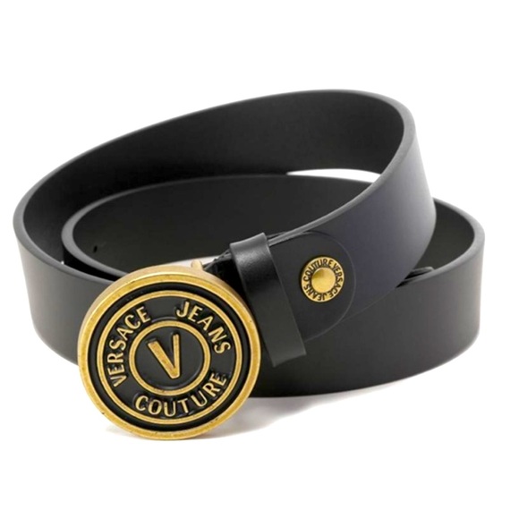 NWT Versace Brushed Brass Plaque Buckle Genuine Leather Made in Italy Belt - Picture 1 of 11